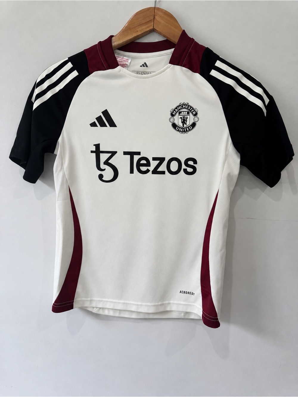 adidas Kids Manchester United White Black & Burgundy Training Jersey
